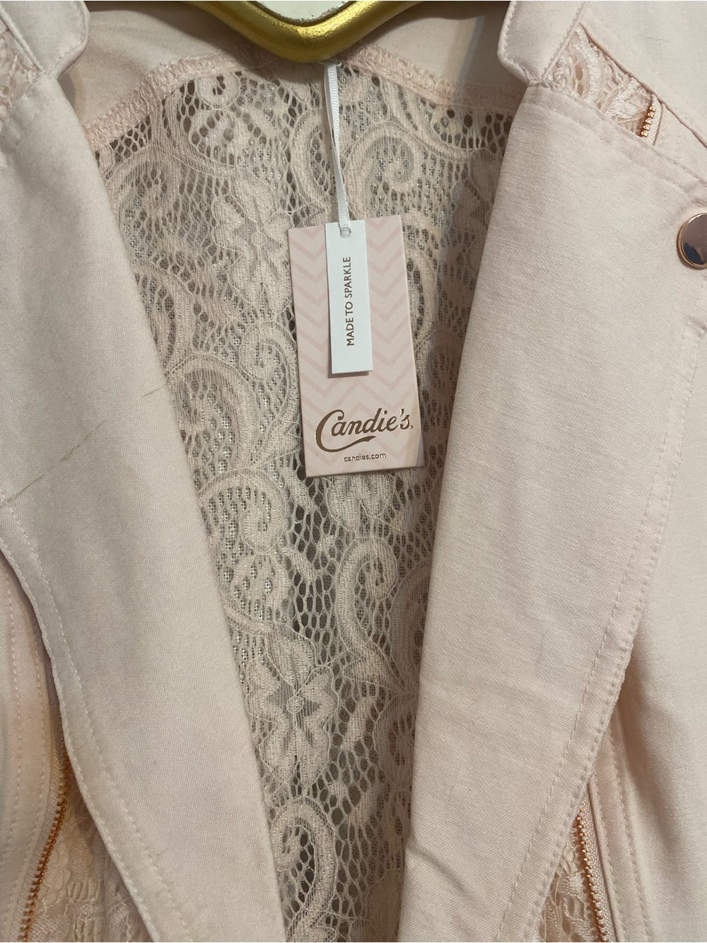 Candie's Pink Lace Moto Jacket Women's XL NWT Asymmetrical Rose Gold Zip - Picture 4 of 13